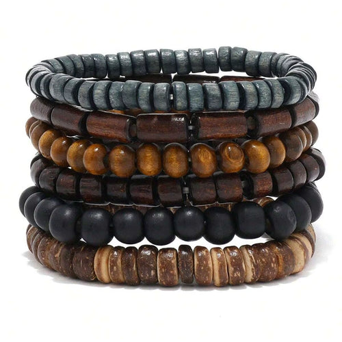 6PCS Wodeen Braided Wrap Leather Bracelet for Men Vintage Life Wood Beads Fashion Male Armband